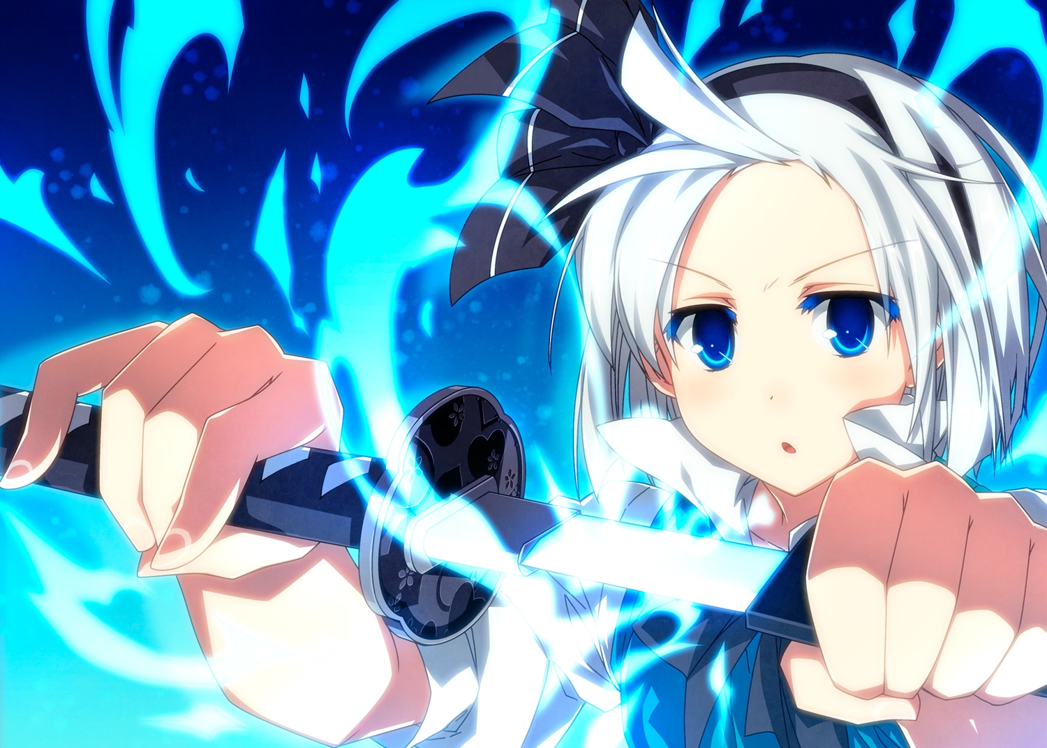 blue_eyes, close, headband, katana, konpaku_youmu, magic, sazanami_mio, short_hair