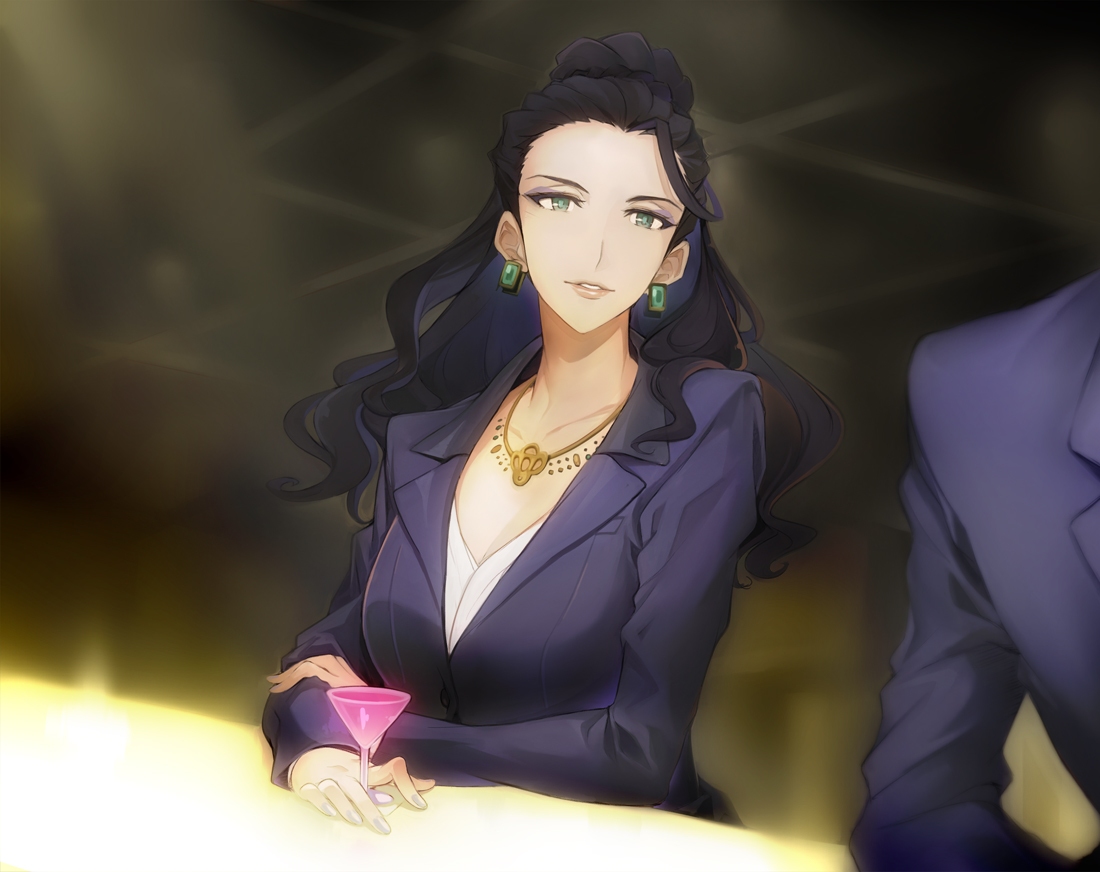 black_hair, breasts, cleavage, drink, executive_mishiro, green_eyes, idolmaster, idolmaster_cinderella_girls, long_hair, miyo_(13th_floor), necklace, ponytail, suit