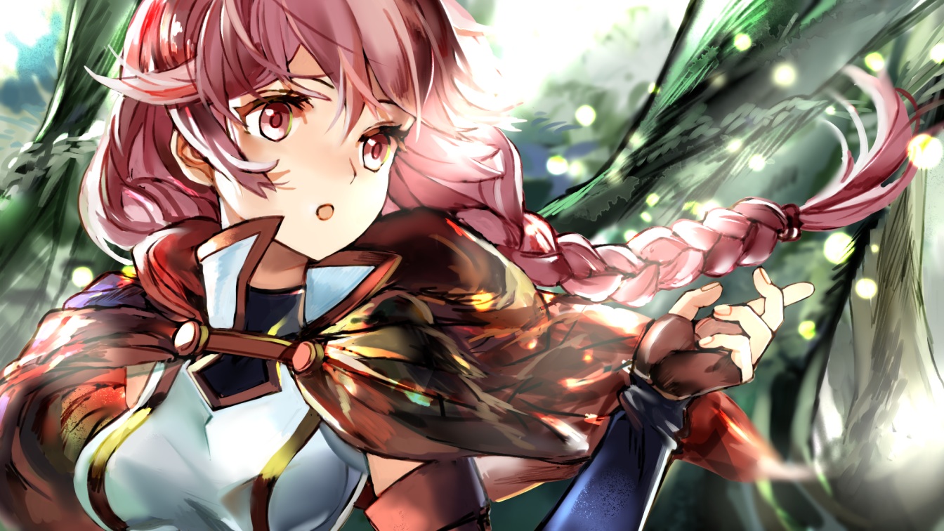 braids, cape, elbow_gloves, gloves, hai_to_gensou_no_grimgar, long_hair, pink_eyes, pink_hair