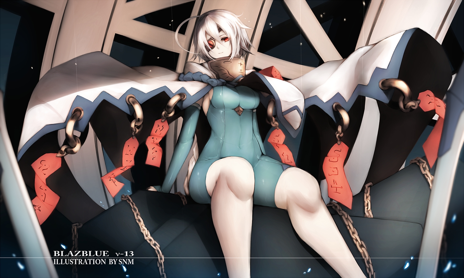 blazblue, bodysuit, cape, elbow_gloves, eyepatch, gloves, nu-13, red_eyes