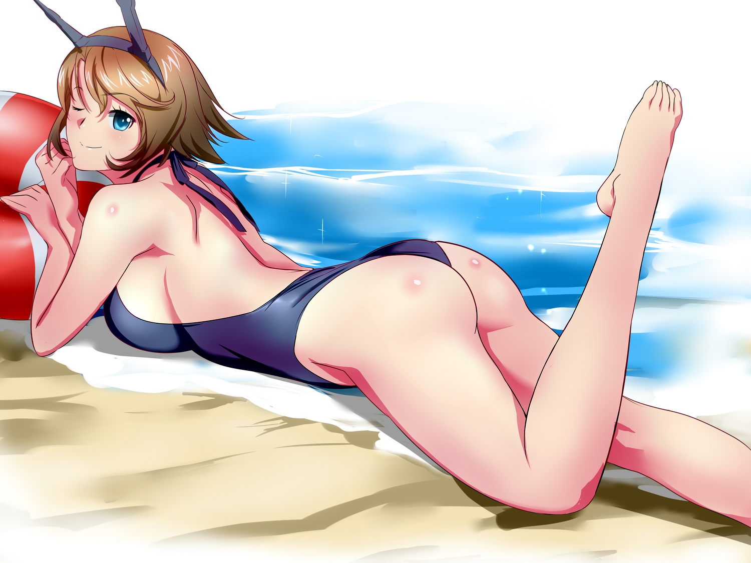 anthropomorphism, aqua_eyes, ass, barefoot, beach, breasts, brown_hair, headband, judge_(oekaki), kantai_collection, mutsu_(kancolle), short_hair, swim_ring, swimsuit, water, wink