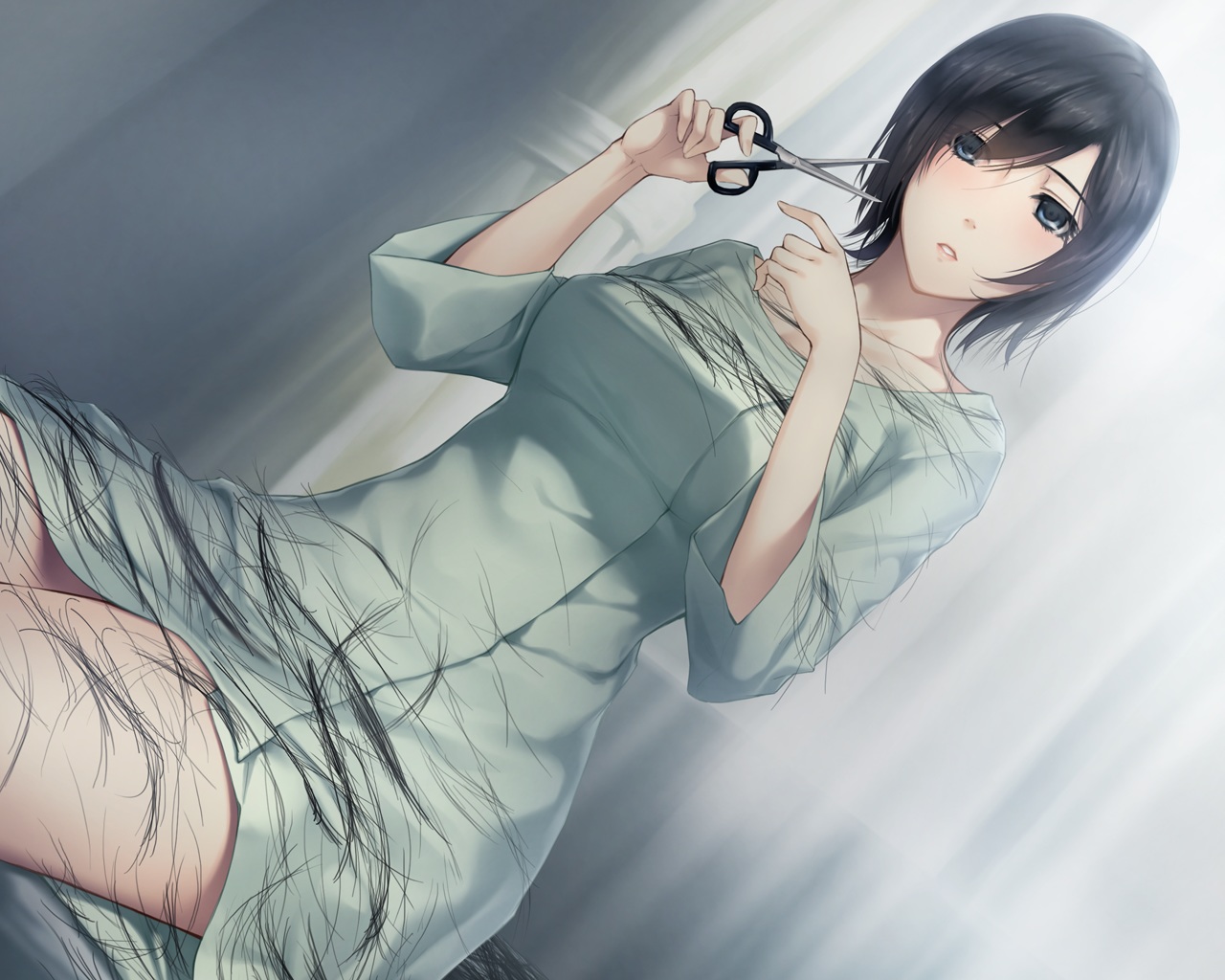 black_hair, cropped, dress, game_cg, green_eyes, innocent_grey, kara_no_shoujo_2, kayahara_yukiko