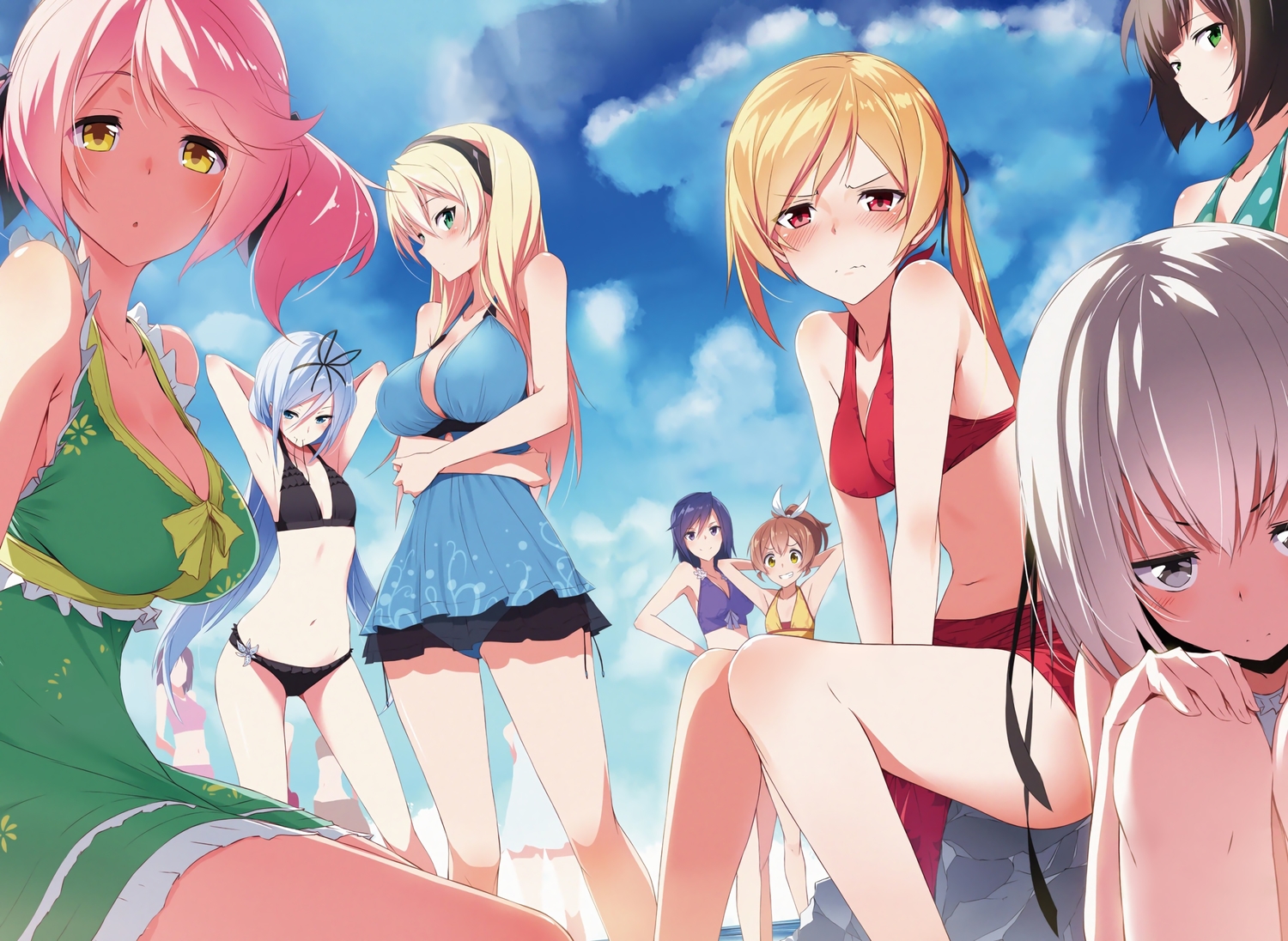 airi_acadia, bikini, celestia_ralgris, group, kasuga_ayumu_(artist), krulcifer_einfolk, lizsharte_atismata, nokuto_leaflet, philphie_aingram, saijaku_muhai_no_bahamut, sharis_barthshift, swimsuit, third-party_edit, tilfarr_lillmitt