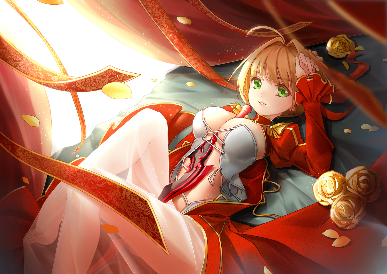 barefoot, bed, blonde_hair, breasts, cleavage, clouble, fate/extra, fate/grand_order