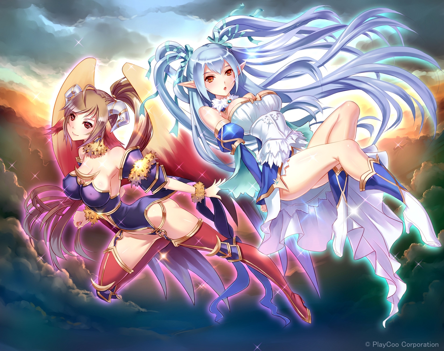 2girls, animal_ears, blue_hair, boots, breasts, brown_hair, cleavage, collar