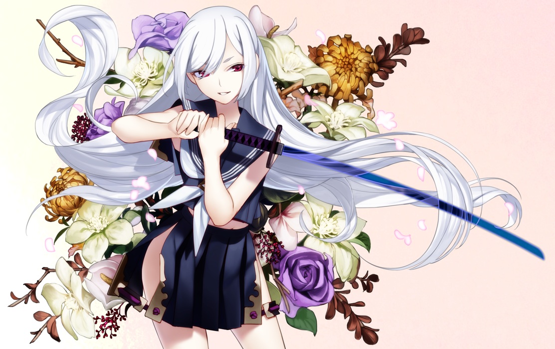 flowers, katana, long_hair, maco, nopan, red_eyes, school_uniform, sword