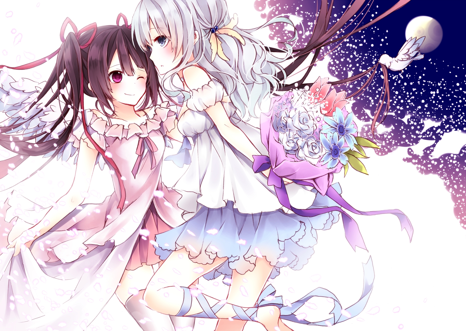 2girls, dress, flowers, long_hair, nanase_eka, original, petals, ribbons