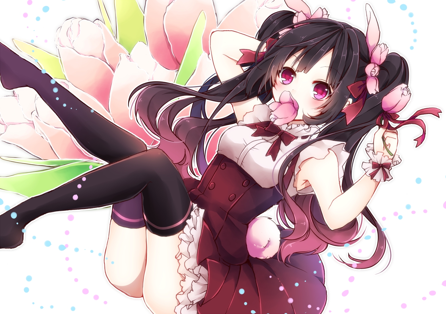 black_hair, flowers, long_hair, nanase_eka, original, red_eyes, thighhighs, twintails