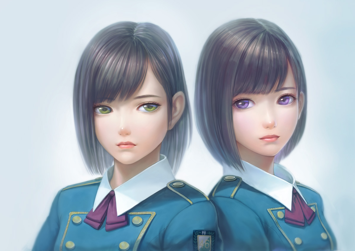2girls, black_hair, green_eyes, keyakizaka46, purple_eyes, realistic, shida_manaka, short_hair, watanabe_risa, zhenlin