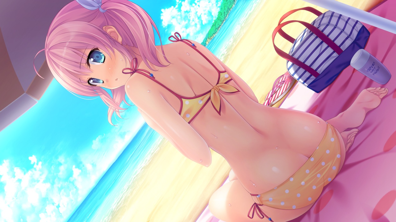 aqua_eyes, ass, beach, blush, fukigami_hatsune, game_cg, moonstone, pink_hair, sakura_no_mori_dreamers, twintails, water, wet, yamakaze_ran