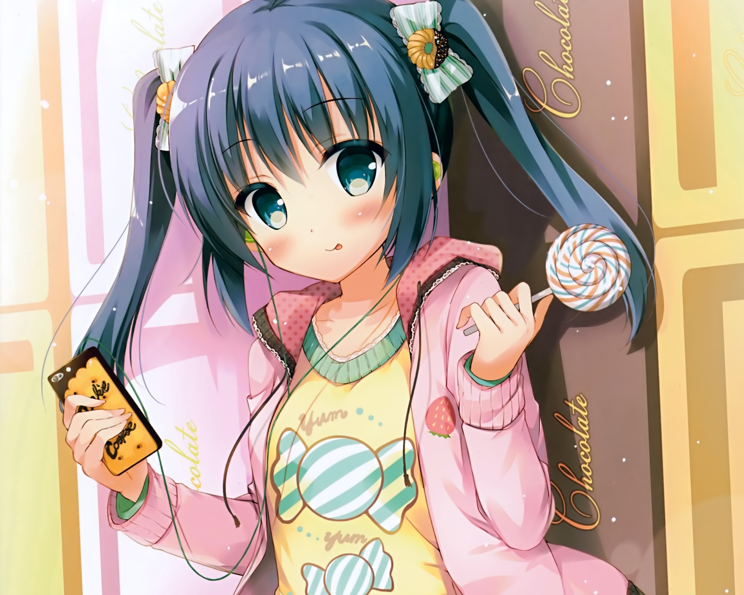 black_hair, blue_eyes, blush, candy, cropped, headphones, hisama_kumako, hood, lollipop, long_hair, original, phone, scan, twintails