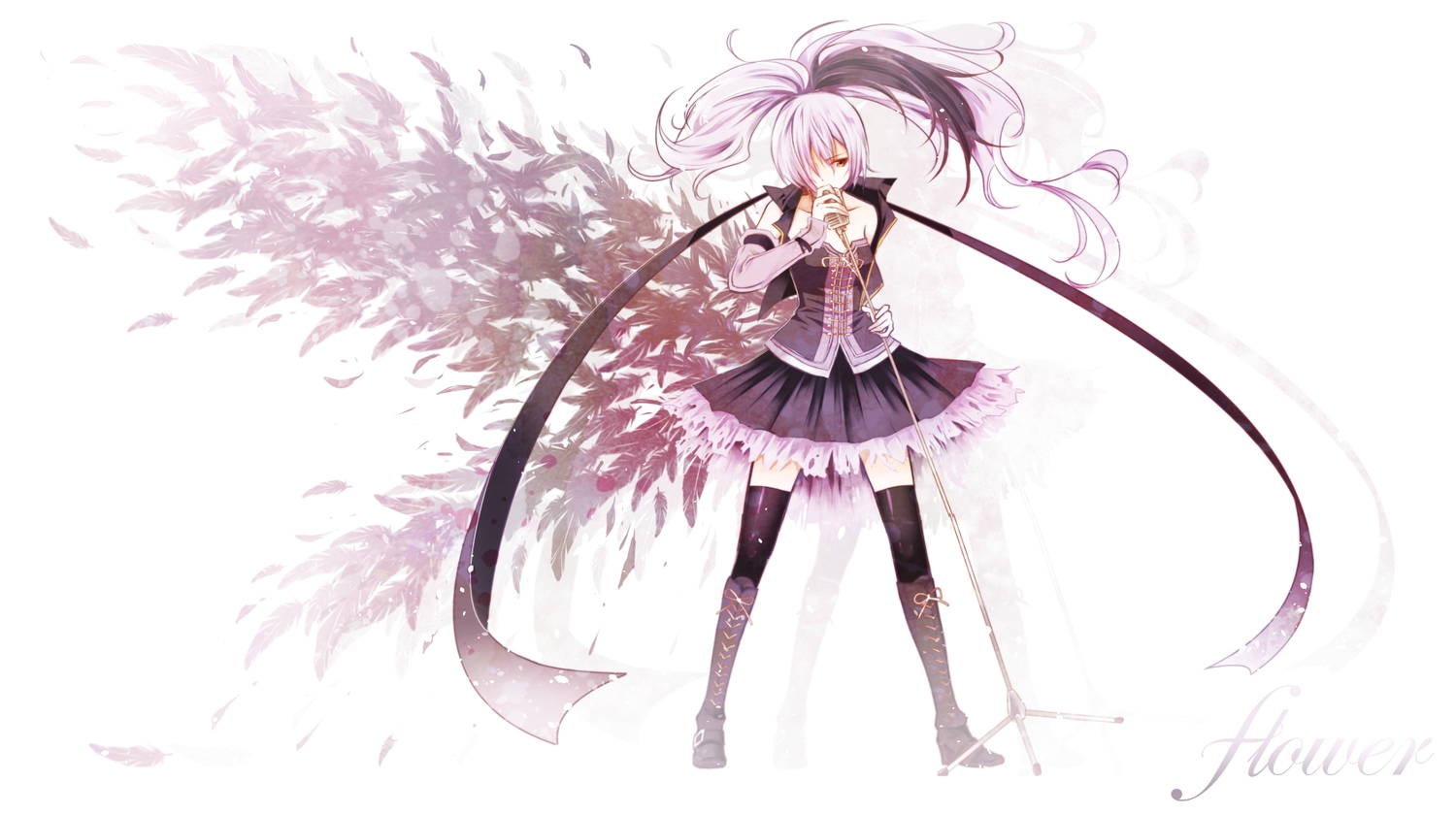 boots, feathers, flower_(vocaloid), long_hair, microphone, orihara_sachiko, ponytail, thighhighs