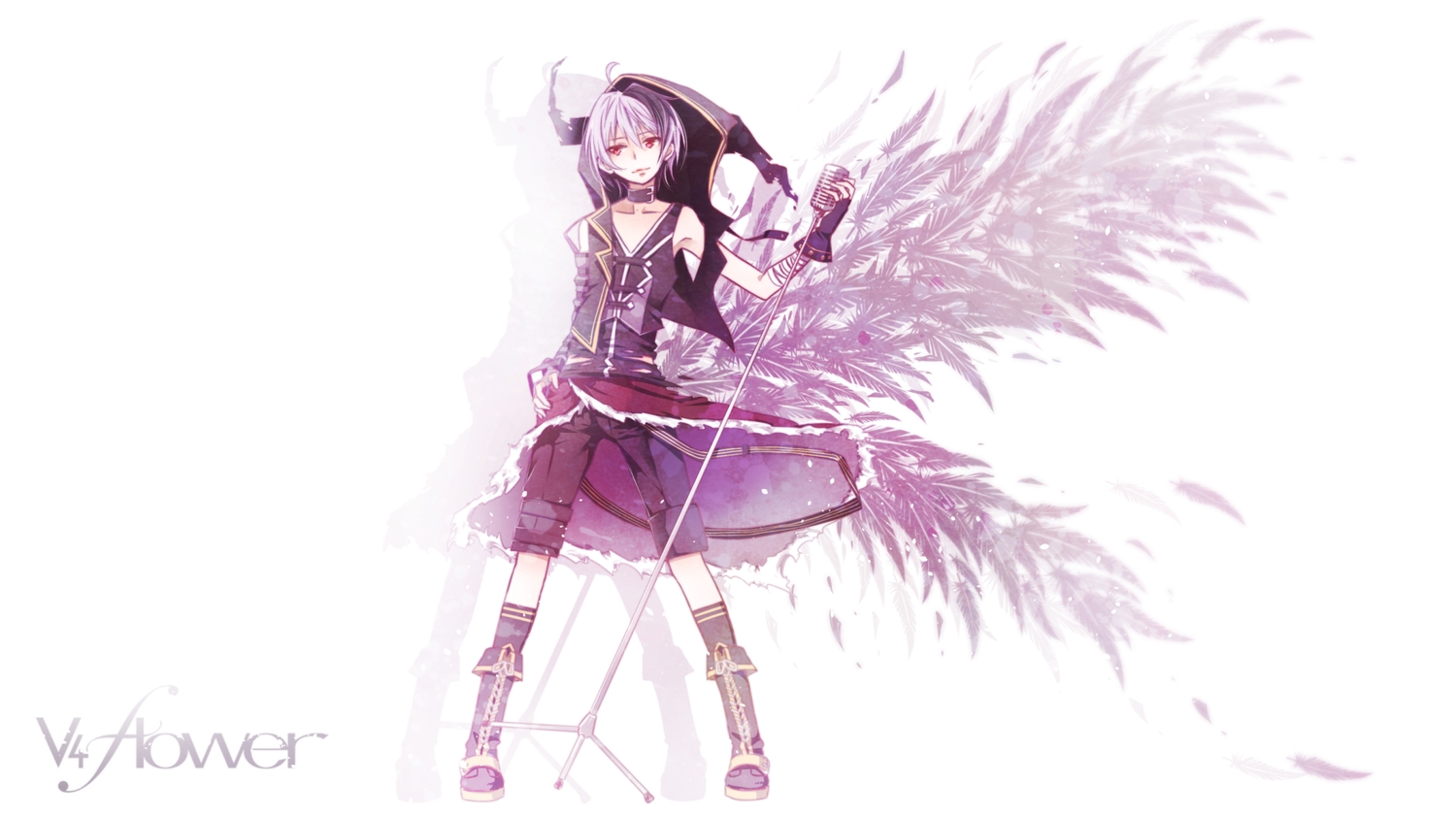 bandage, boots, choker, flower_(vocaloid), gloves, hood, microphone, orihara_sachiko