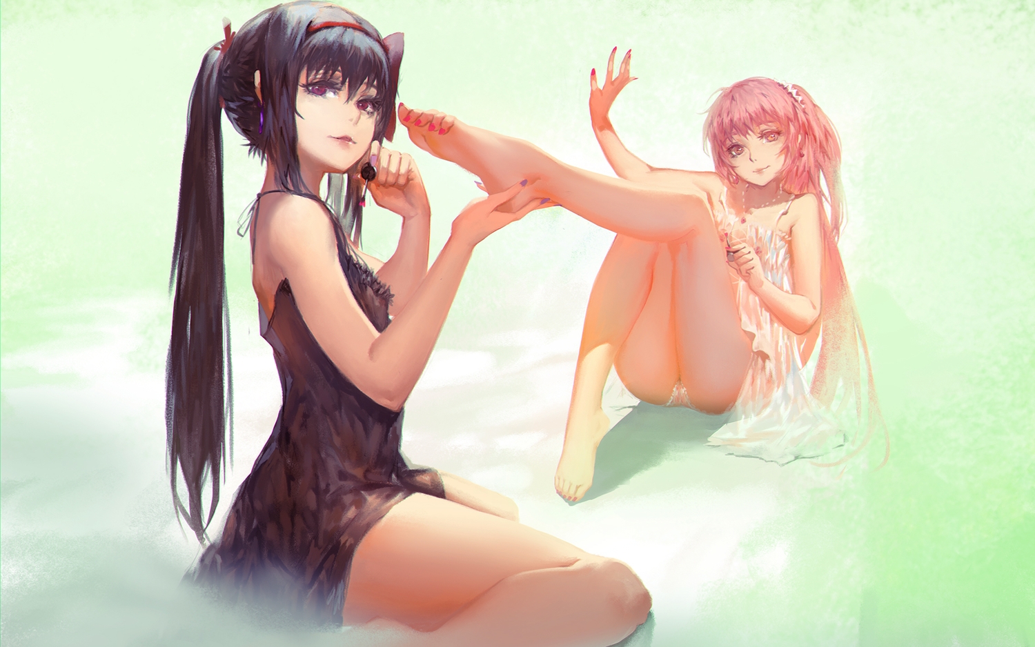 akemi_homura, akuma_homura, barefoot, black_hair, blackrabbitsoul, dress, green, kaname_madoka