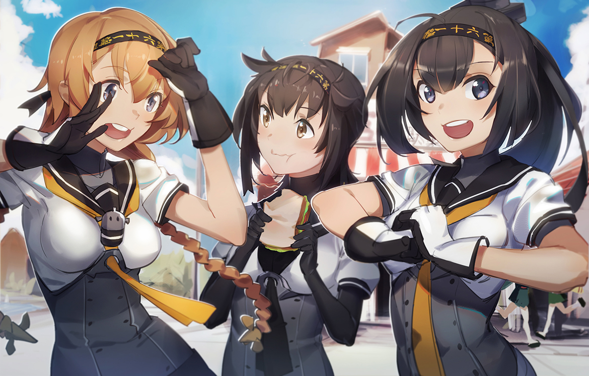 akizuki_(kancolle), anthropomorphism, food, hatsuzuki_(kancolle), hiryuu_(kancolle), kantai_collection, pg_(pgouwoderen), souryuu_(kancolle)
