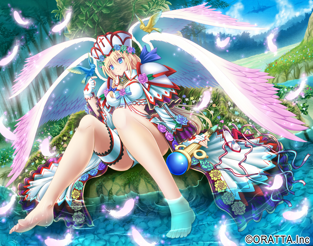barefoot, blonde_hair, blue_eyes, chloris_garden, feathers, garter, hijikawa_arashi, original