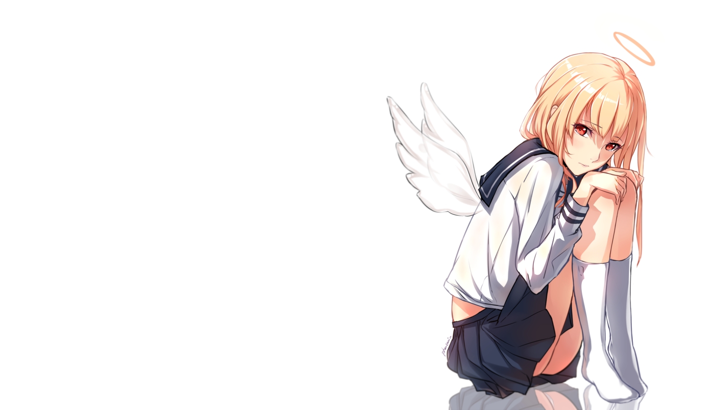 angel, blonde_hair, kneehighs, long_hair, original, phantania, red_eyes, reflection
