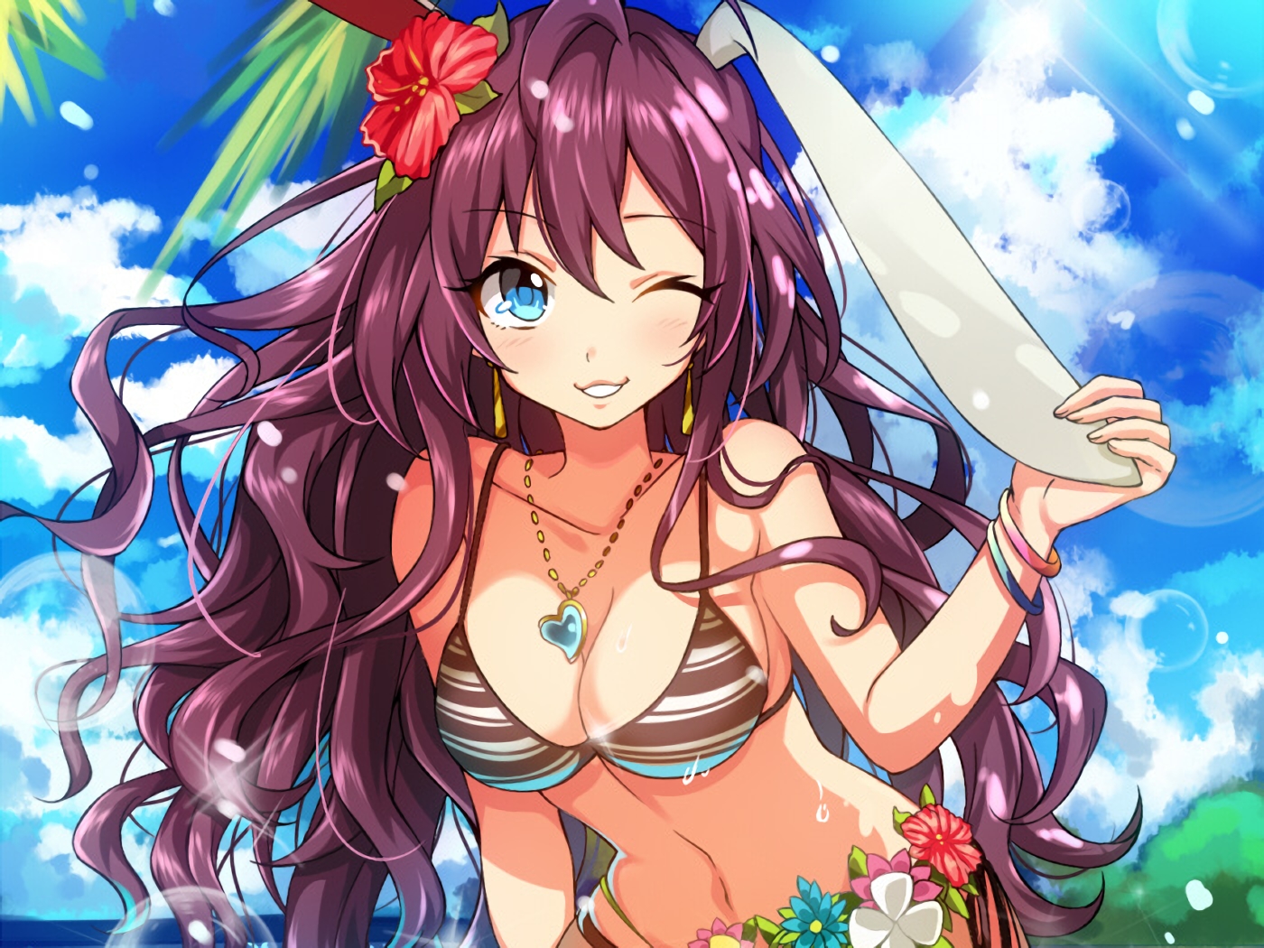 akishima_kei, animal_ears, bikini, blue_eyes, breasts, brown_hair, bubbles, bunny_ears, bunnygirl, cat_smile, clouds, cropped, flowers, ichinose_shiki, idolmaster, idolmaster_cinderella_girls, long_hair, sky, swimsuit, tree, waifu2x, water