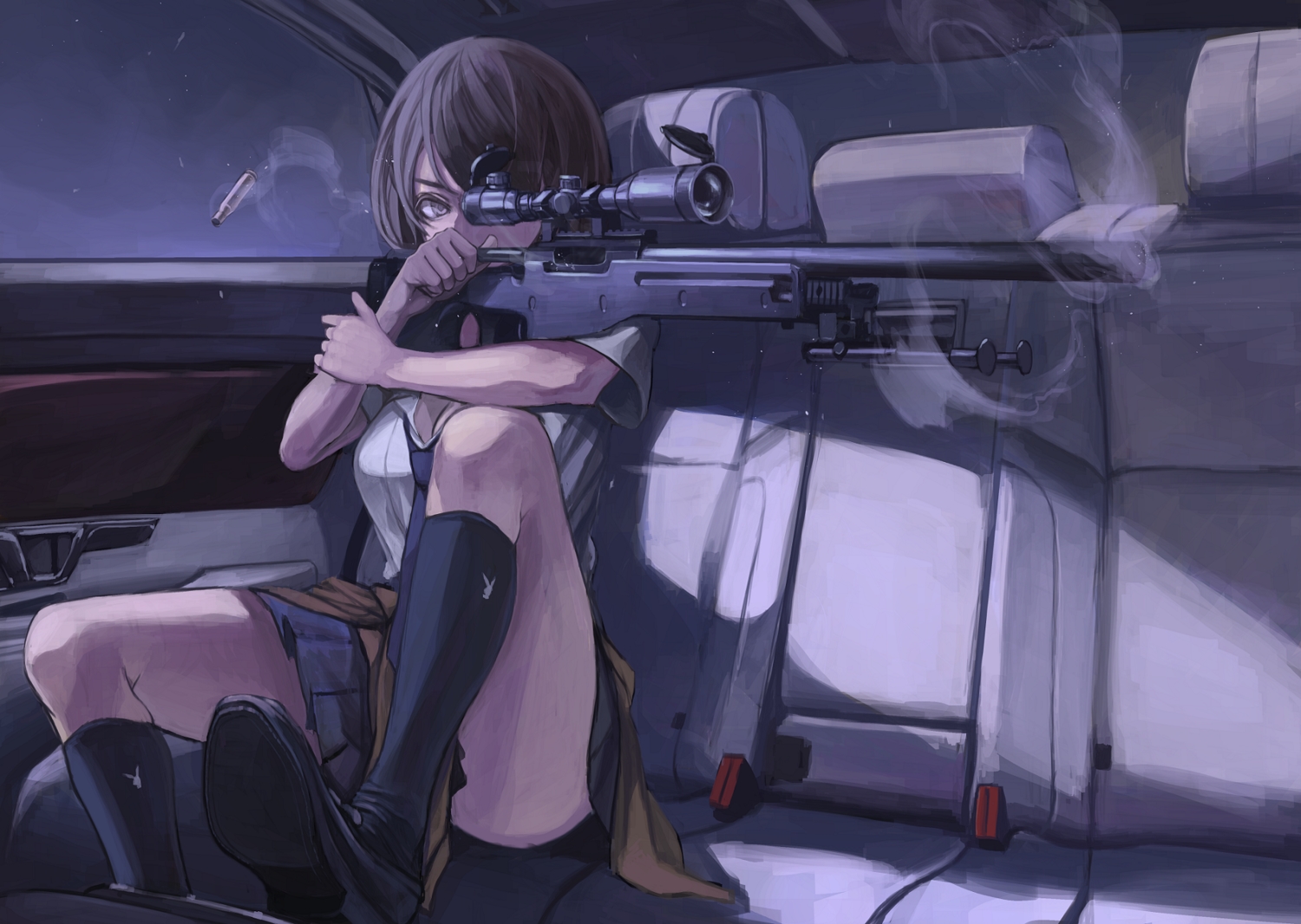 breasts, car, cleavage, dark, gun, kneehighs, koh_(minagi_kou), original