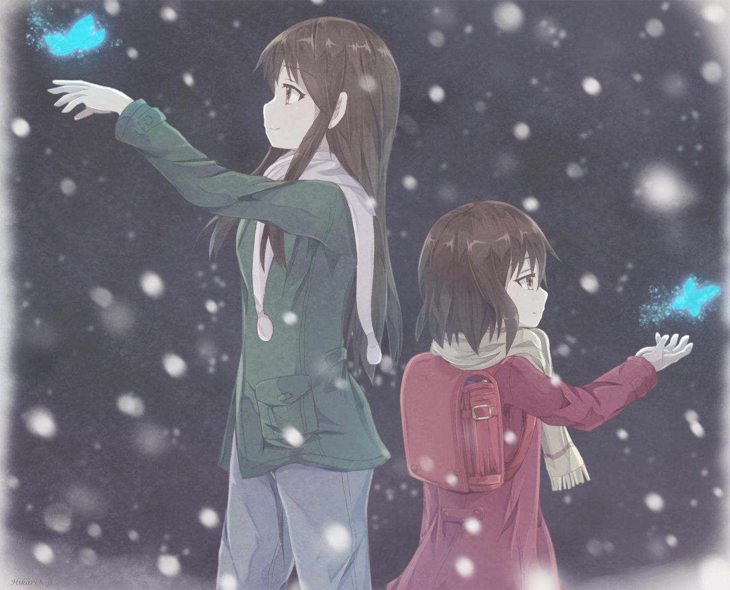 2girls, animal, boku_dake_ga_inai_machi, brown_eyes, brown_hair, butterfly, hikari_niji, hinazuki_kayo, katagiri_airi, loli, long_hair, scarf, short_hair, snow, winter