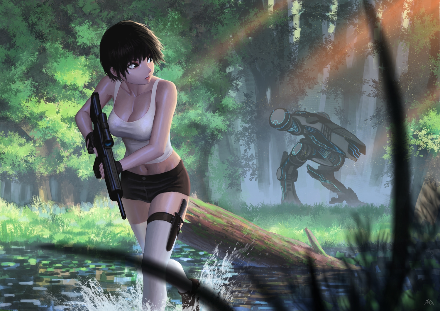 darkmuleth, forest, green, gun, knife, mecha, original, shorts