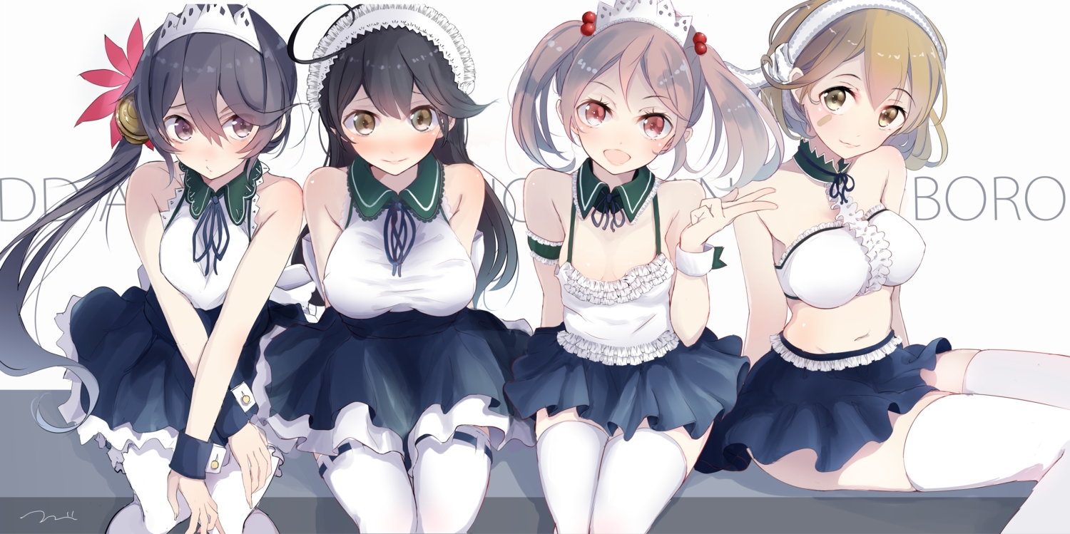 akebono_(kancolle), aliasing, anthropomorphism, bandaid, black_hair, blonde_hair, blush, breasts, cleavage, collar, group, headdress, kantai_collection, maid, navel, oboro_(kancolle), pantyhose, pink_hair, ponytail, red_eyes, sazanami_(kancolle), signed, skirt, tebi_(tbd11), thighhighs, twintails, ushio_(kancolle), wristwear, yellow_eyes, zettai_ryouiki