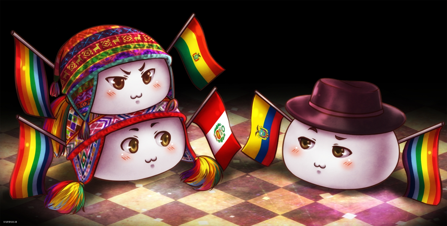 axis_powers_hetalia, blush, bolivia_(hetalia), brown_eyes, cat_smile, ecuador_(hetalia), hat, kuraudia, peru_(hetalia), waifu2x, watermark