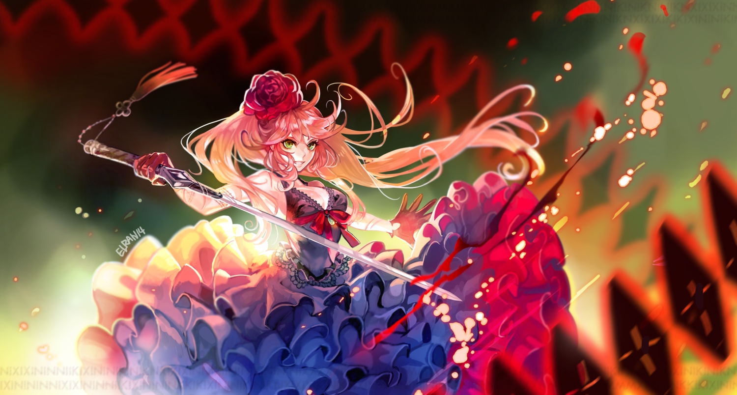 breasts, cleavage, dress, elran, flowers, green_eyes, long_hair, original