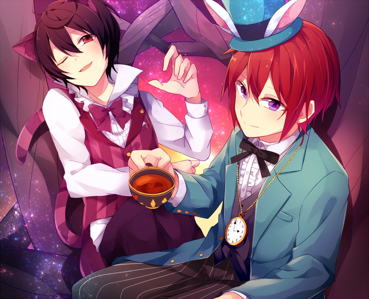 alice_in_wonderland, all_male, animal_ears, black_hair, bow, brown_hair, bunny_ears, catboy, cosplay, drink, ensemble_stars!, male, nagimiya_(ngmy15), necklace, purple_eyes, red_eyes, red_hair, sakuma_ritsu, shirt, short_hair, stars, suou_tsukasa, tail, tie, wink