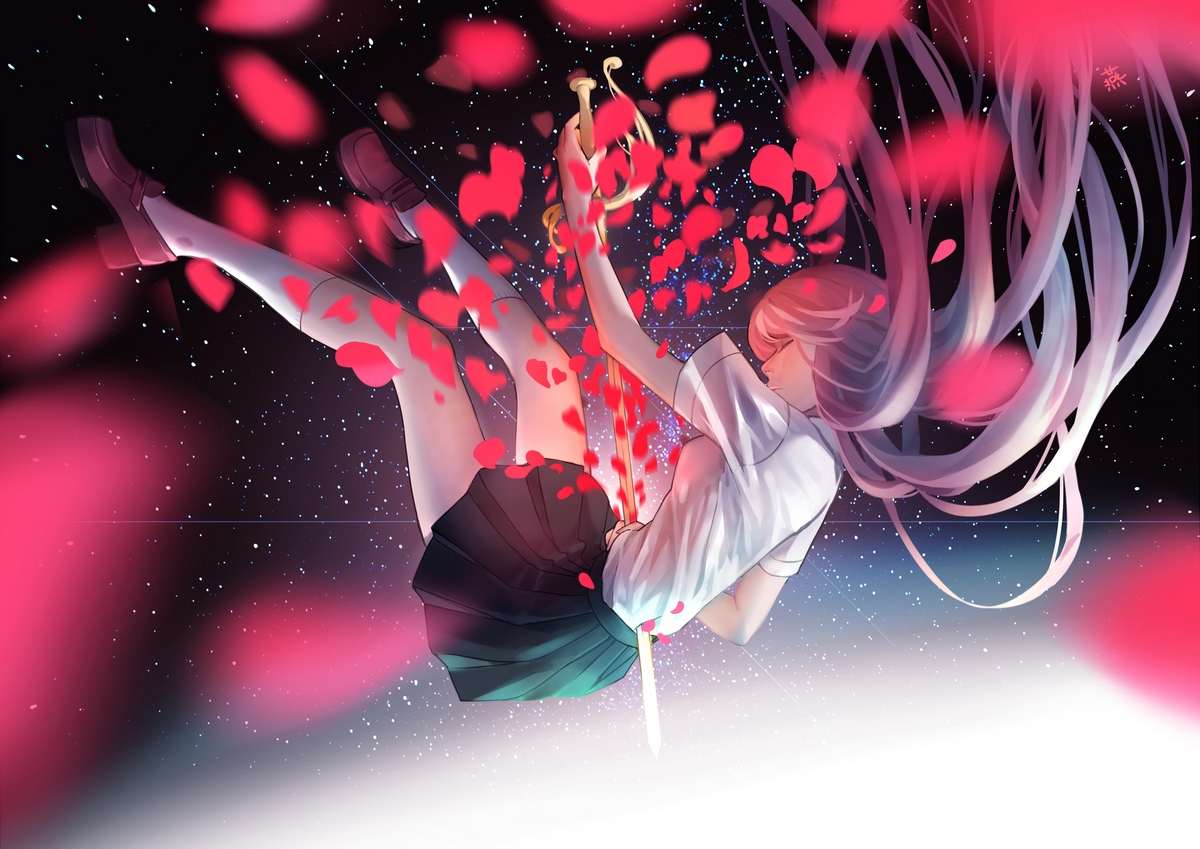 kneehighs, long_hair, night, original, petals, saphirya, school_uniform, shirt