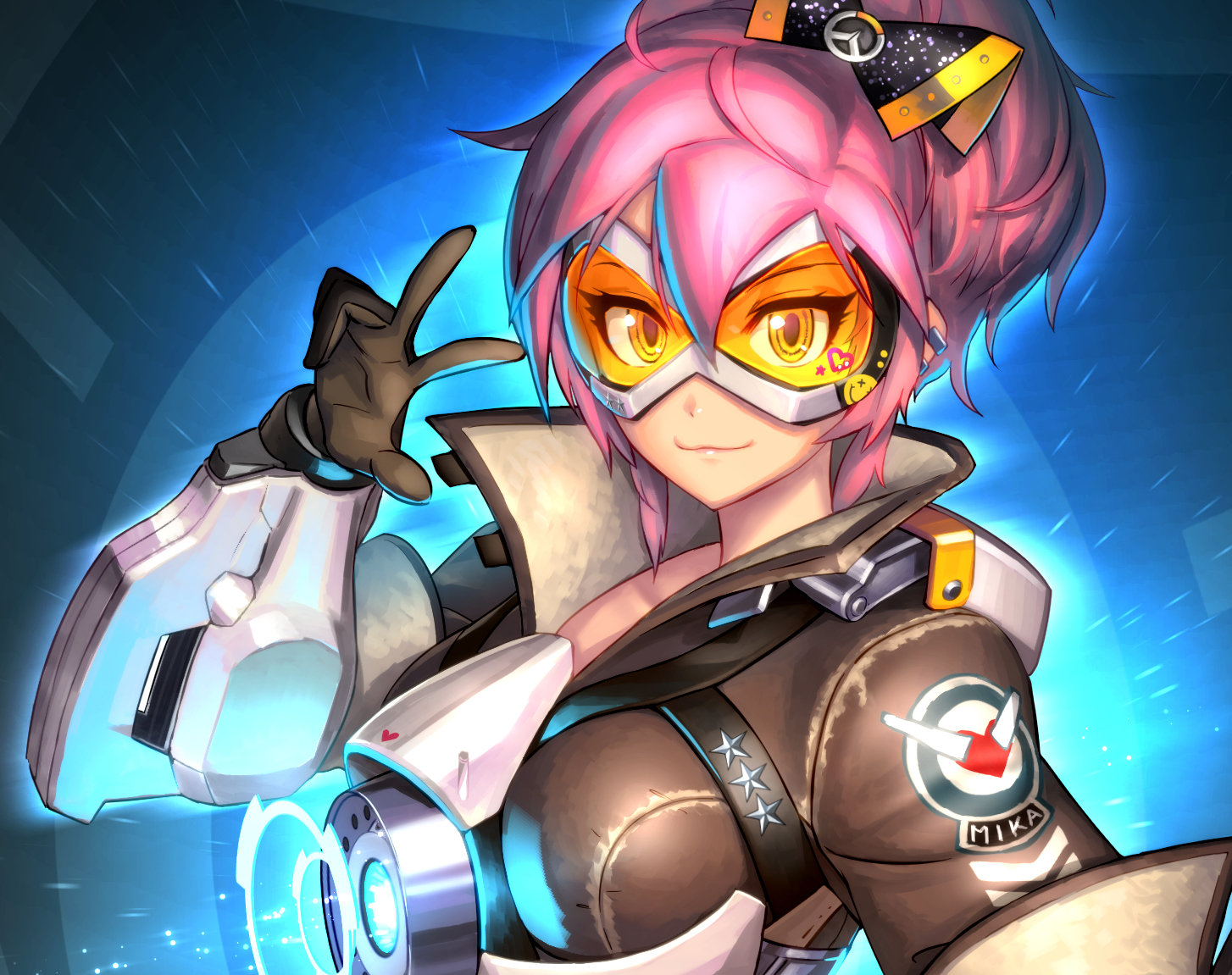 cat_smile, cosplay, gloves, goggles, heart, idolmaster, idolmaster_cinderella_girls, jougasaki_mika, noname_(metaldragonfly), orange_eyes, overwatch, pink_hair, ponytail, short_hair