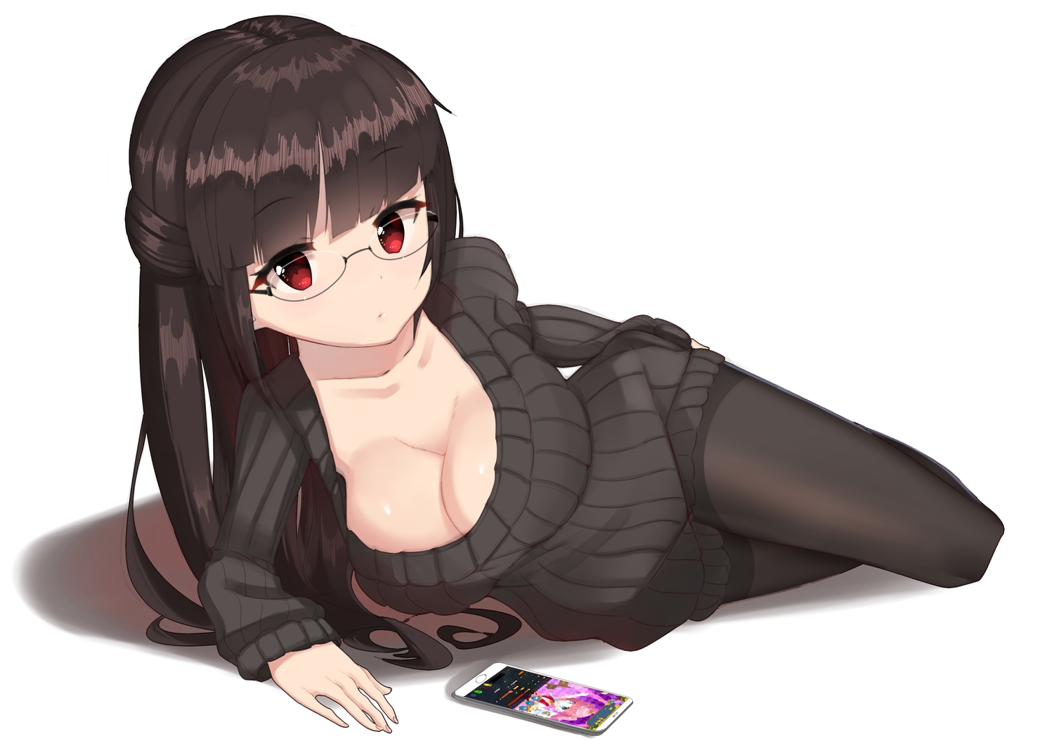black_hair, breasts, cleavage, glasses, no_bra, original, pantyhose, phone, red_eyes, shouko_(tigersaber), tigersaber