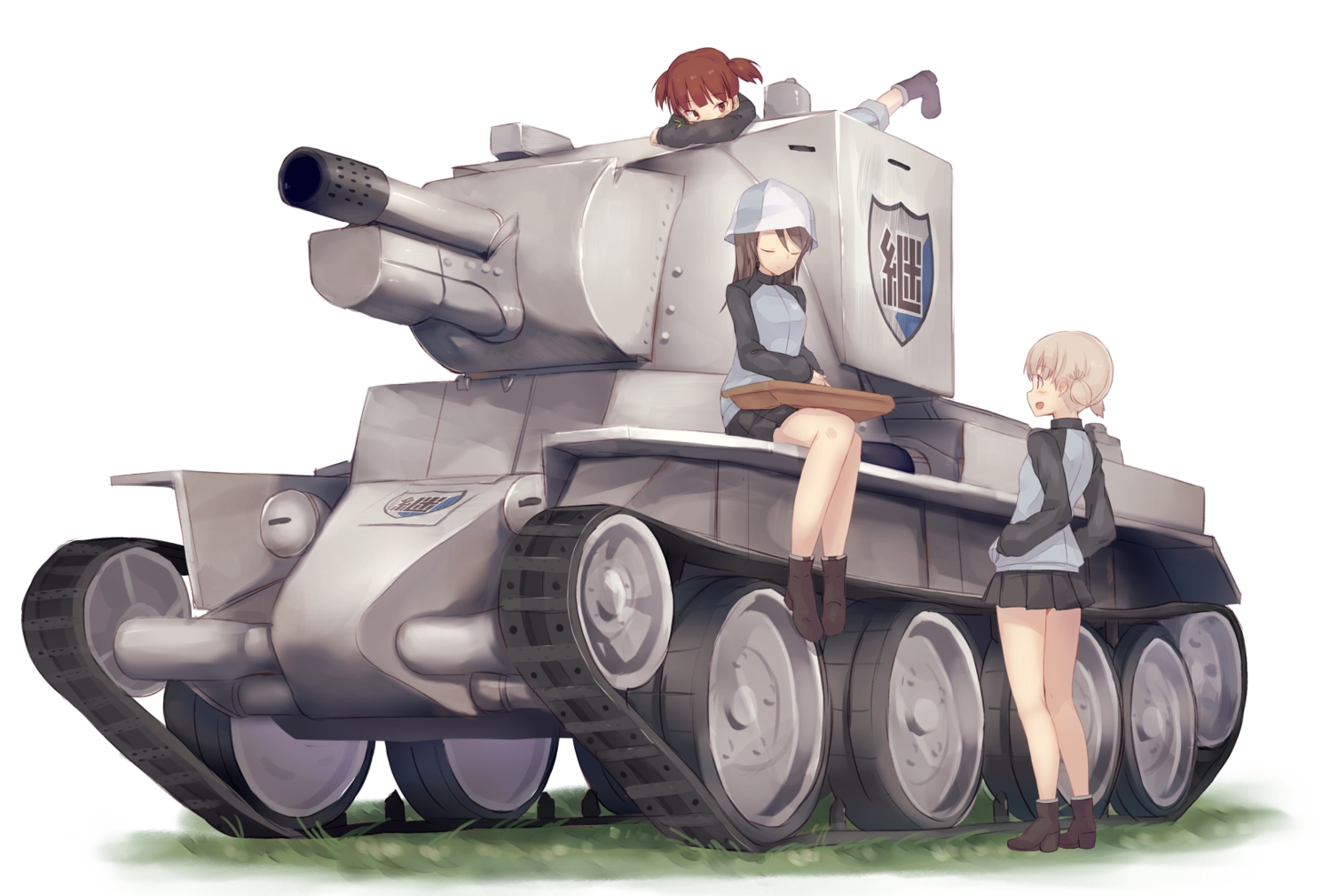 aki_(girls_und_panzer), black_hair, blonde_hair, brown_hair, combat_vehicle, girls_und_panzer, grass, hat