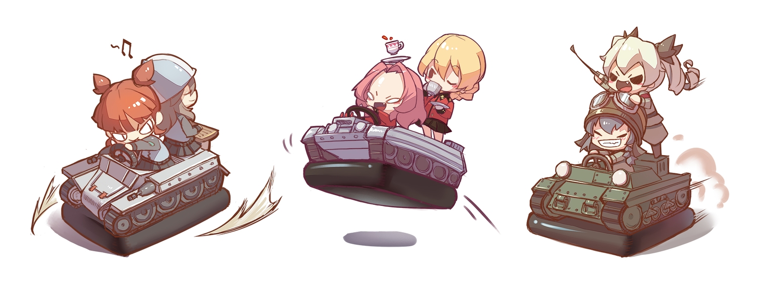 anchovy, chibi, combat_vehicle, darjeeling_(girls_und_panzer), die_(artist), girls_und_panzer, mika_(girls_und_panzer), mikko_(girls_und_panzer)