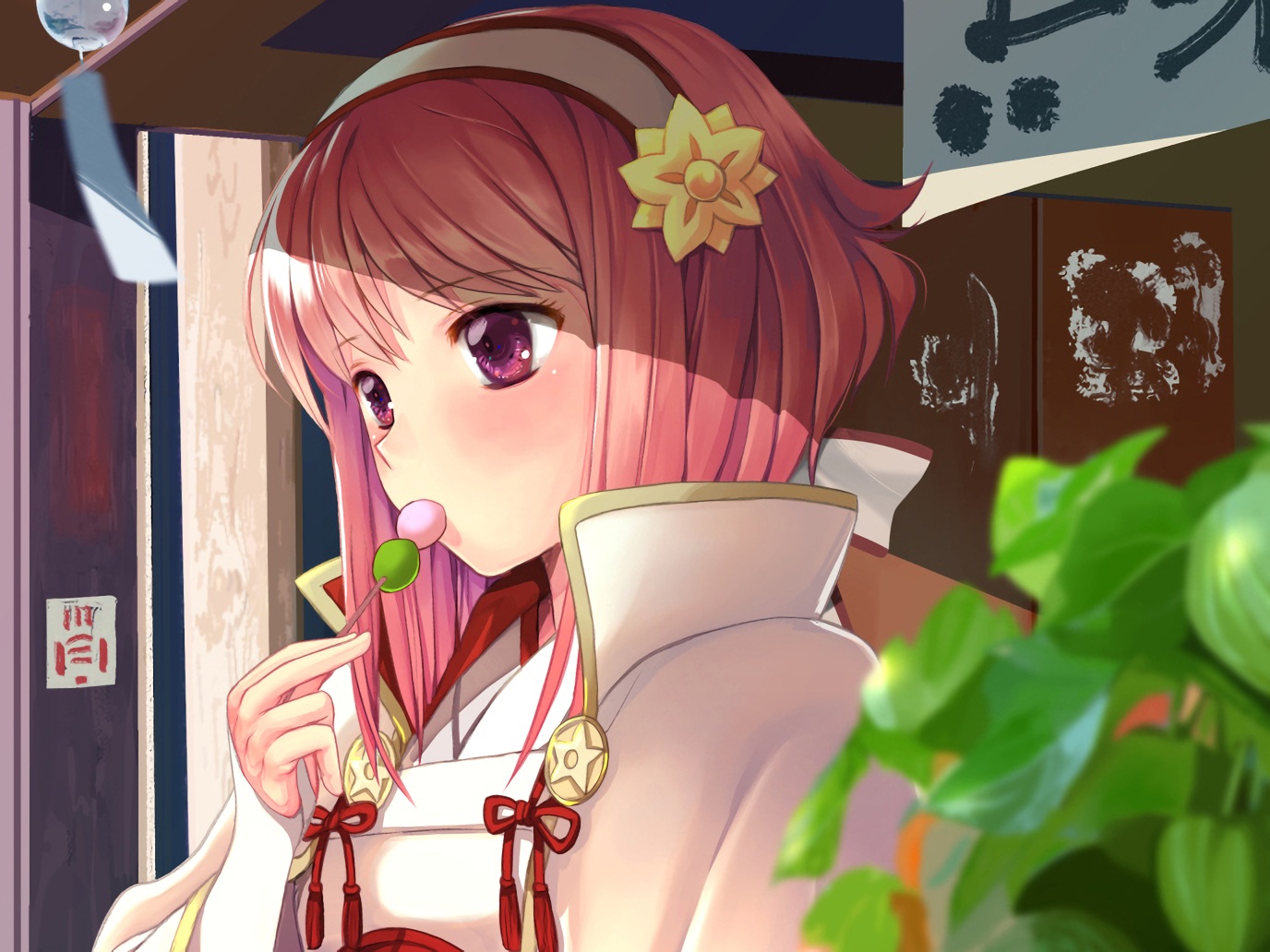 blush, bow, cropped, fire_emblem, food, headband, japanese_clothes, kero_sweet, pink_hair, purple_eyes, sakura_(fire_emblem), short_hair, waifu2x