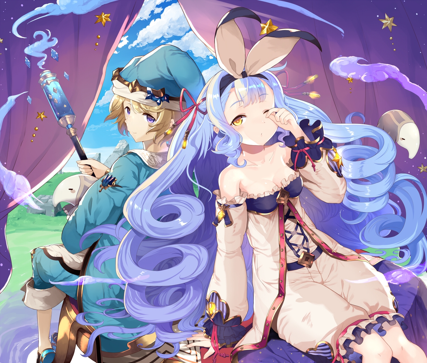 abusoru, aliasing, blue_hair, clouds, granblue_fantasy, headband, headdress, long_hair, male, morphe_(granblue_fantasy), purple_eyes, ribbons, short_hair, sky, staff, stars, vetol_(granblue_fantasy), yellow_eyes