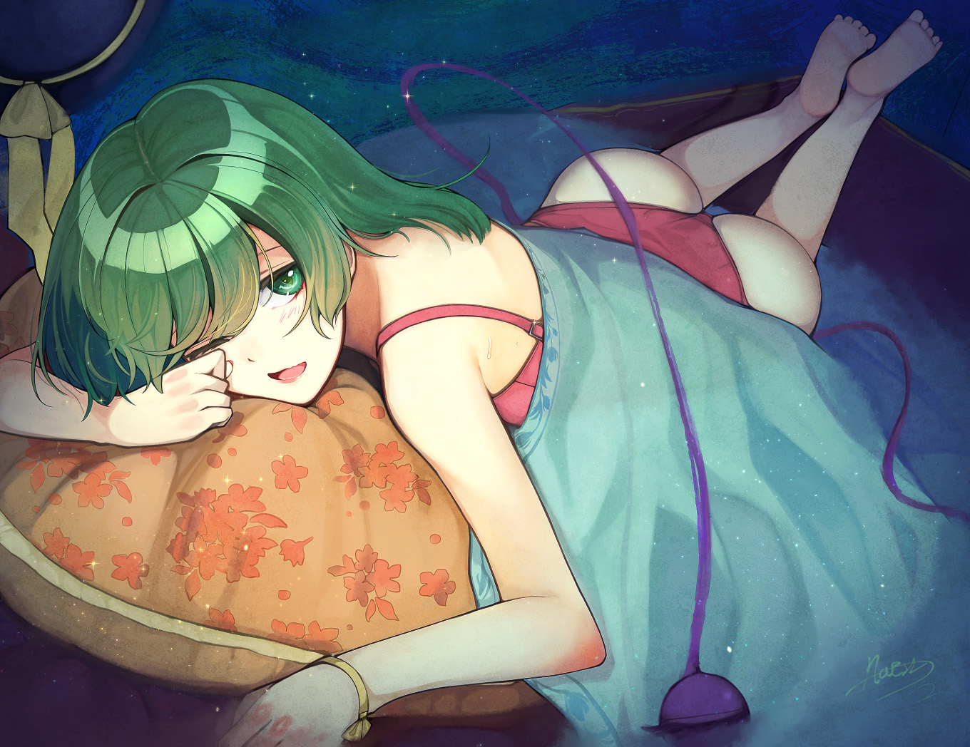 ass, barefoot, green_eyes, green_hair, komeiji_koishi, scroll_lock_(scrool5), short_hair, signed, touhou, wristwear