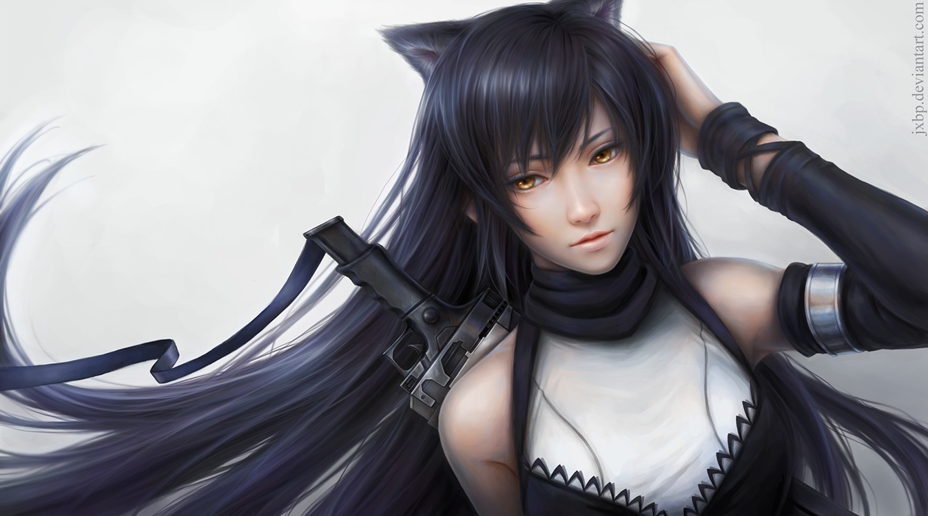 animal_ears, black_hair, blake_belladonna, catgirl, elbow_gloves, gloves, gun, jason_peng