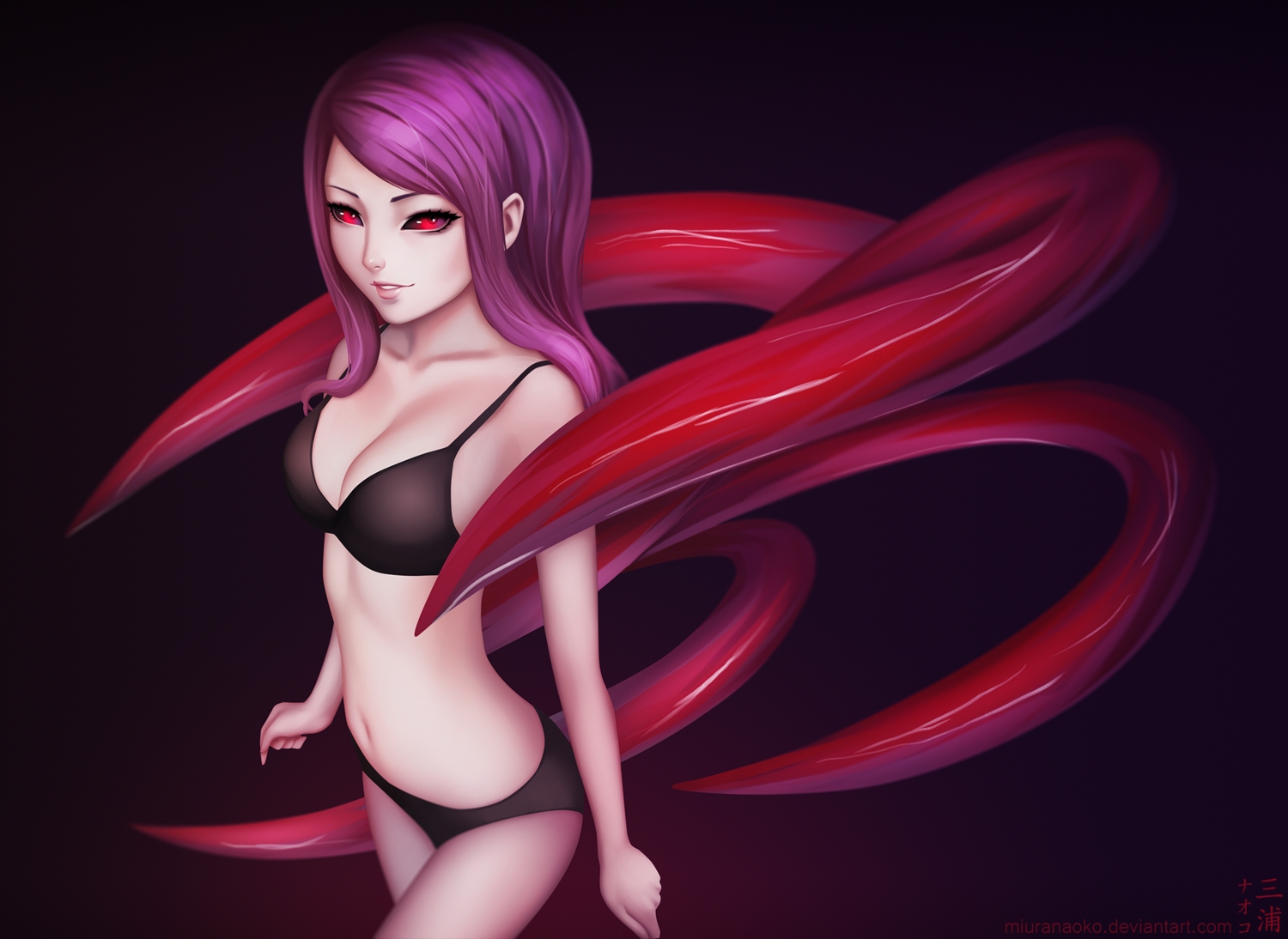 bra, kamishiro_rize, long_hair, miura_naoko, navel, panties, purple_hair, red_eyes