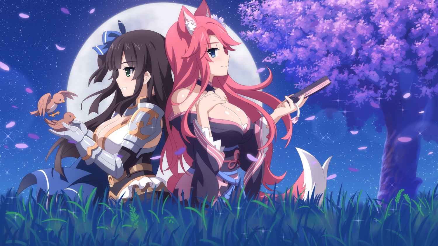 2girls, animal, animal_ears, bird, blue_eyes, breasts, brown_hair, ceri_(sakura_dungeon), cherry_blossoms, cleavage, flowers, foxgirl, game_cg, grass, green_eyes, long_hair, moon, night, petals, red_hair, ribbons, sakura_dungeon, stars, tail, tree, wanaca, winged_cloud, yomi_(sakura_dungeon)