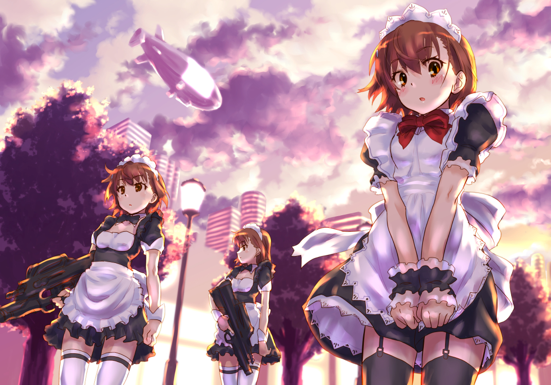 airship, bow, brown_hair, building, city, garter_belt, gun, headdress