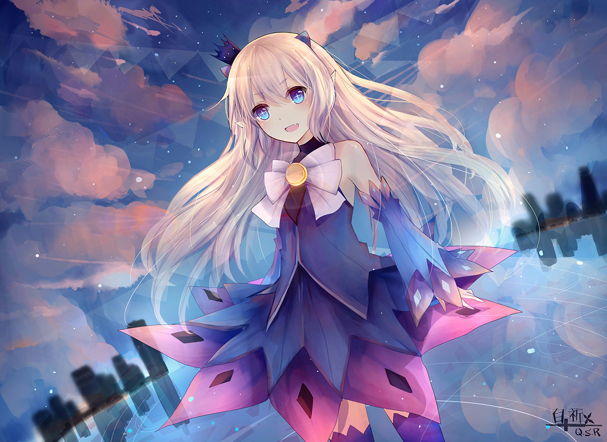aqua_eyes, bow, dress, elsword, inoriac, lu_(elsword), pointed_ears, reflection, signed, sky, stars, thighhighs, water