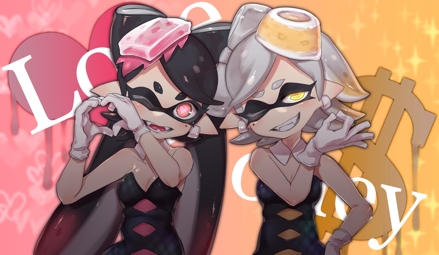 2girls, aori_(splatoon), hotaru_(splatoon), puchiman, splatoon, wink