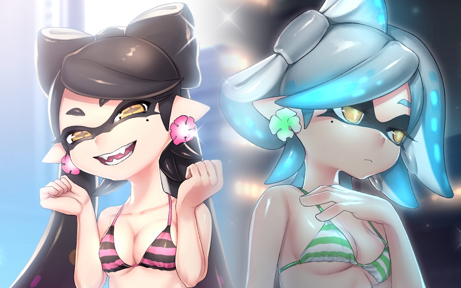 2girls, aori_(splatoon), bikini_top, breasts, cleavage, hotaru_(splatoon), puchiman, splatoon
