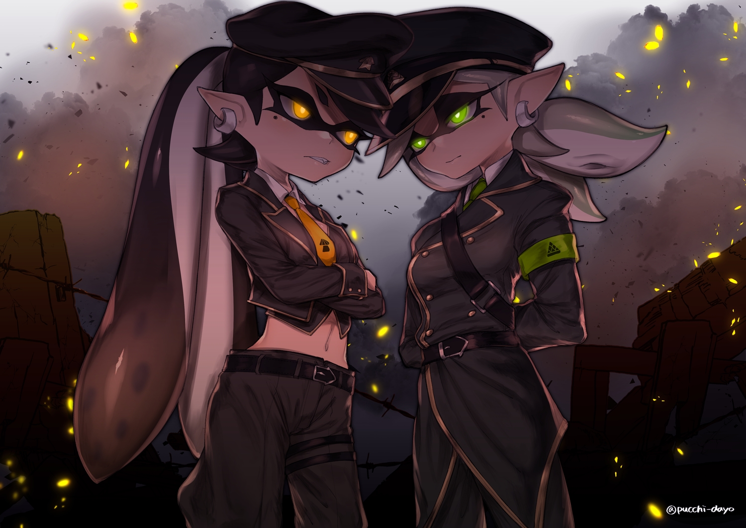 aori_(splatoon), hat, hotaru_(splatoon), puchiman, splatoon, uniform