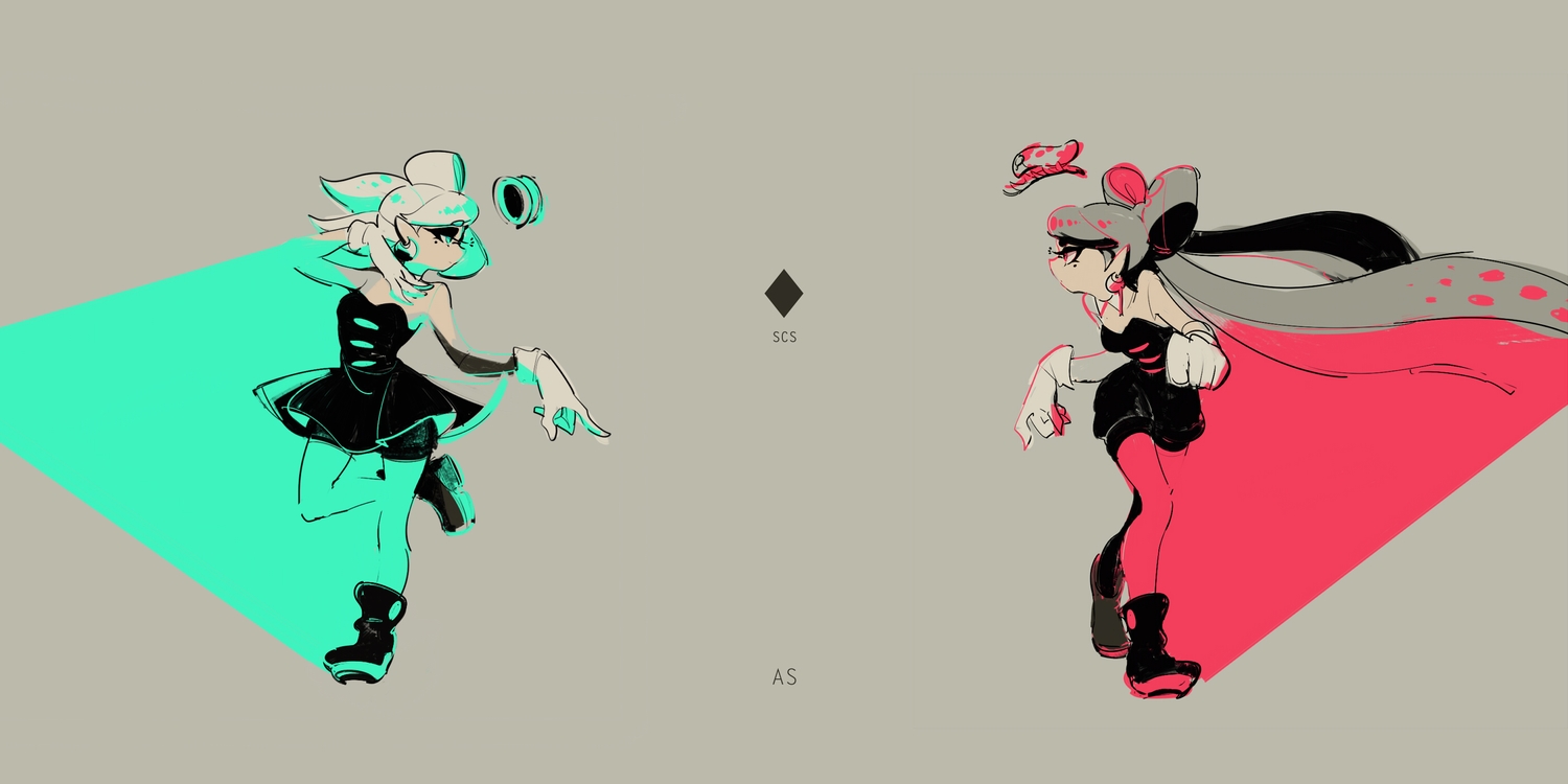 2girls, aori_(splatoon), gray, hotaru_(splatoon), seto_(asils), splatoon