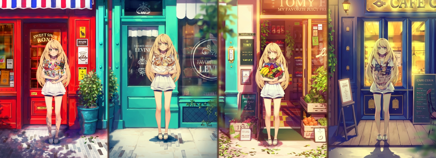 blonde_hair, blush, dualscreen, flowers, food, long_hair, night, original