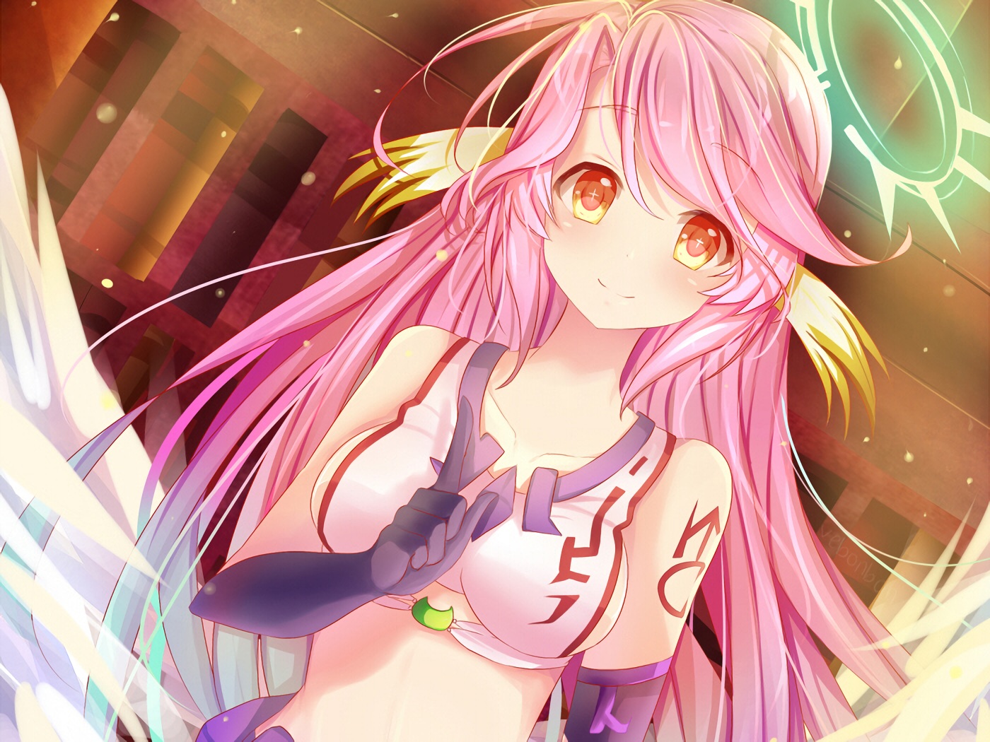 bikini_top, blush, breasts, cropped, gloves, jibril, long_hair, no_game_no_life, pink_hair, vebonbon, waifu2x, wings, yellow_eyes