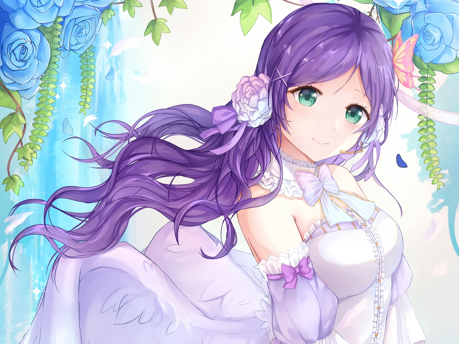 aqua_eyes, bow, butterfly, cropped, dress, flowers, long_hair, love_live!_school_idol_project, oretsuu, petals, purple_hair, ribbons, toujou_nozomi, wings