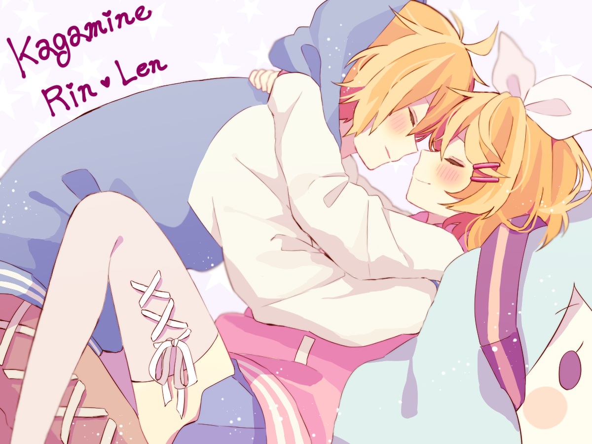 64hijiki, blonde_hair, blush, hatsune_miku, hood, kagamine_len, kagamine_rin, male